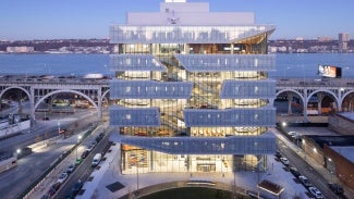 Exterior of Columbia Business School at sunset.