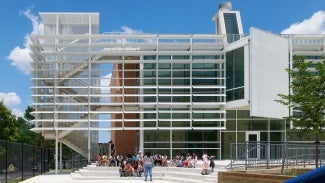 Exterior of Powell Elementary School on a sunny day