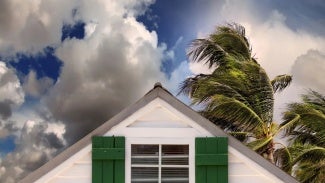 top of a house with clouds and palm trees in the background