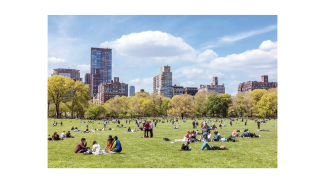 People congregating in a park enjoying a sunny day