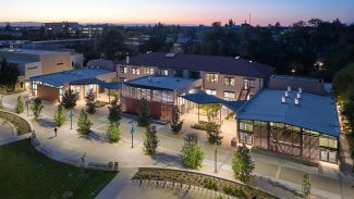 Aerial view of Walker Hall and Walker Promenade