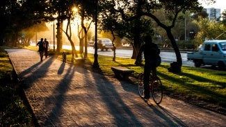 People exercising in an urban park (Parque Balmaceda) in Santiago, Chile.