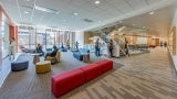 The “Science Collaborative” features highly visible and adaptive learning resource spaces for study, tutoring, and impromptu engagement to support intentional learning communities for students and faculty on every floor. The entry hall is filled with ample seating, clear wayfinding and expansive views to landscape that blur the indoor/outdoor experience. 