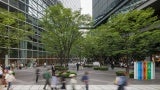 The 21,500-square-foot public Plaza features artwork and a canopy of Japanese zelkova and katsura trees.