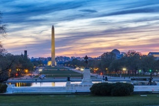 View of the Washington Monument and National Mall at sunset, Washington D.C., United States of America, North America