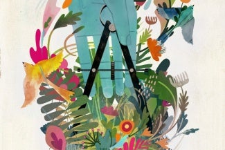 Abstract illustration of a hand grasping a compass drawing tool surrounded by natural elements (birds, plants)