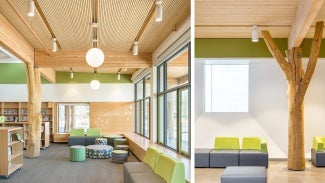 Locally-sourced DLT ceilings create an intimate scale across the public areas of the school alongside white oak trees from the site that were harvested and converted into structural columns.
