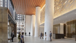 A bespoke art installation reinterprets the many diagonal features of the building, reflecting light and enriching the lobby – and the plaza beyond – with a dynamic sense of free-floating movement.