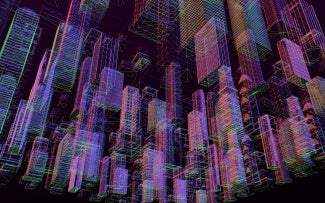 Holographic image of neon building sketches against black background