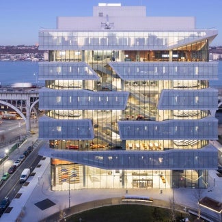 Exterior of Columbia Business School at sunset.