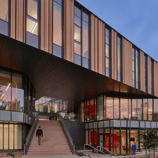 Exterior staircase of Harvey Mudd College, Scott A. McGregor Computer Science Center at dusk