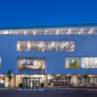 Exterior of Missoula Public Library New Main Library at night.