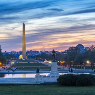 View of the Washington Monument and National Mall at sunset, Washington D.C., United States of America, North America