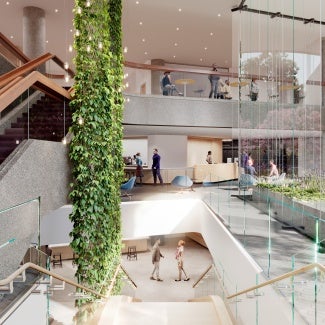 AIA headquarter's renewal rendering with open floors and green spaces