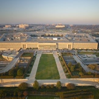 USA, Virginia, Arlington, Aerial photograph of the eastern entrance of the Pentagon - stock photo
