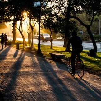 People exercising in an urban park (Parque Balmaceda) in Santiago, Chile.