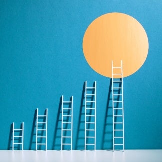 abstract image of ladders arranged by height against blue background leading up to yellow sun